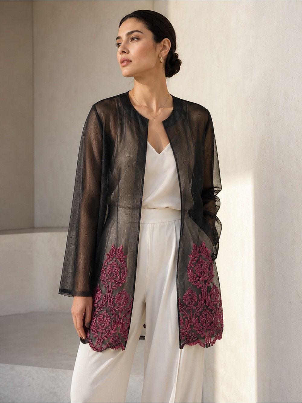 Sheer Mesh Black Longline Jacket with Burgundy Embroidered Hem